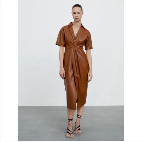 leather midi dress zara Zara faux leather midi dress with top stitching
